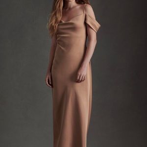 BHLDN Ira Satin Charmeuse Tan Sand Off Shoulder Long Drape Sheen Dress 0 XS